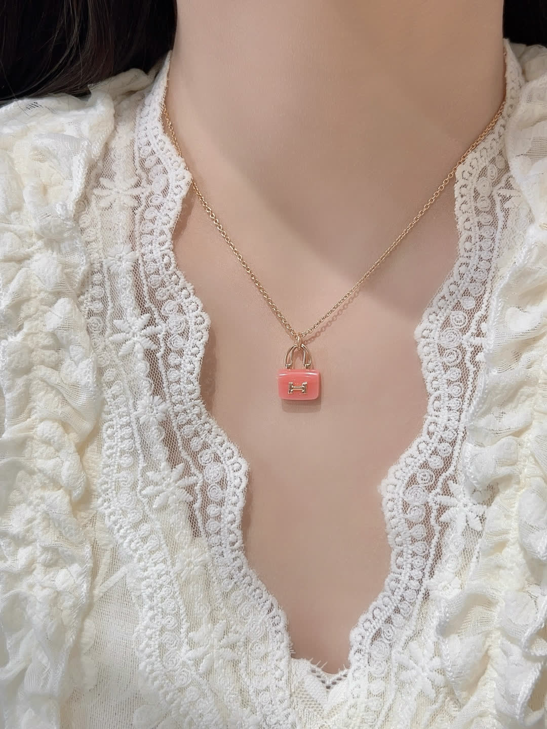 Hermes Hermès Paris Gold & Pink Enamel Necklace
