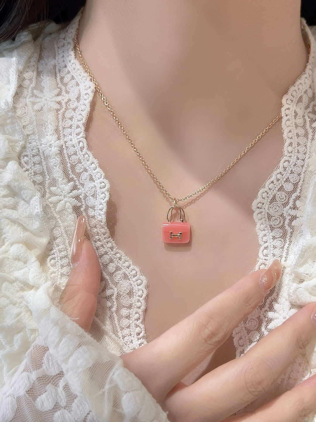 Hermes Hermès Paris Gold & Pink Enamel Necklace