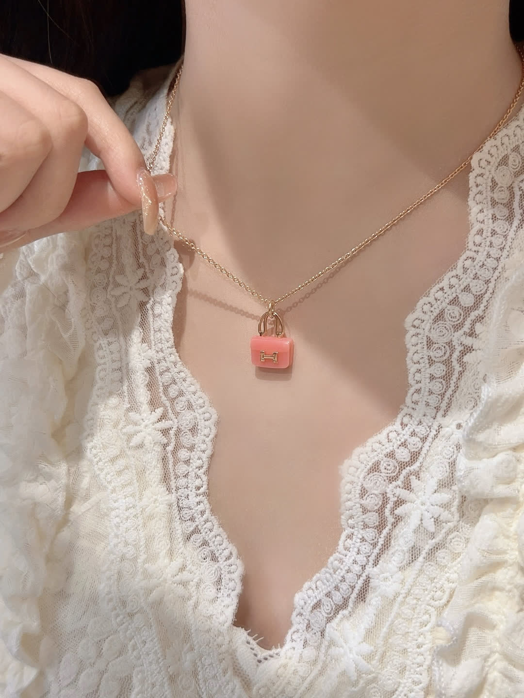 Hermes Hermès Paris Gold & Pink Enamel Necklace