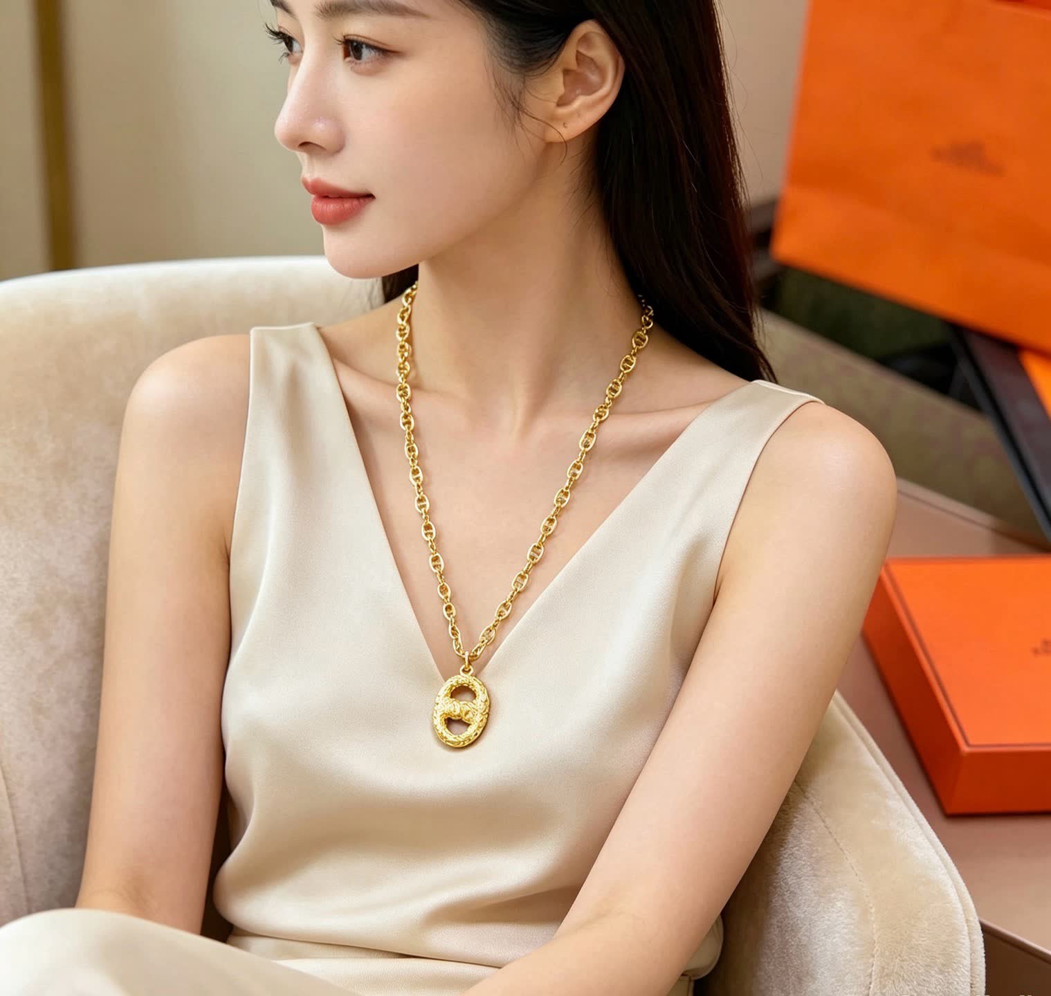 Hermes Hermès Paris Gold-Plated Necklace with Logo Pendant