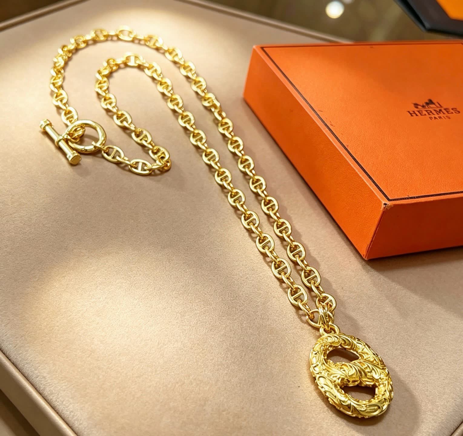 Hermes Hermès Paris Gold-Plated Necklace with Logo Pendant