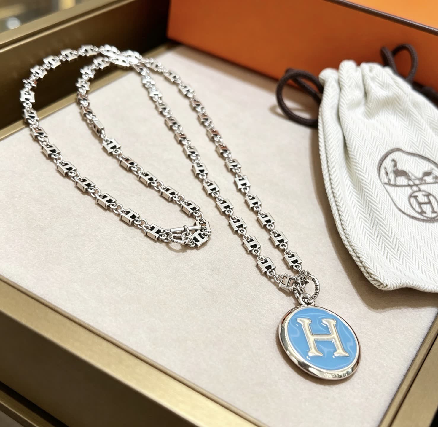 Hermes Hermès Silver 'H' Enamel Necklace