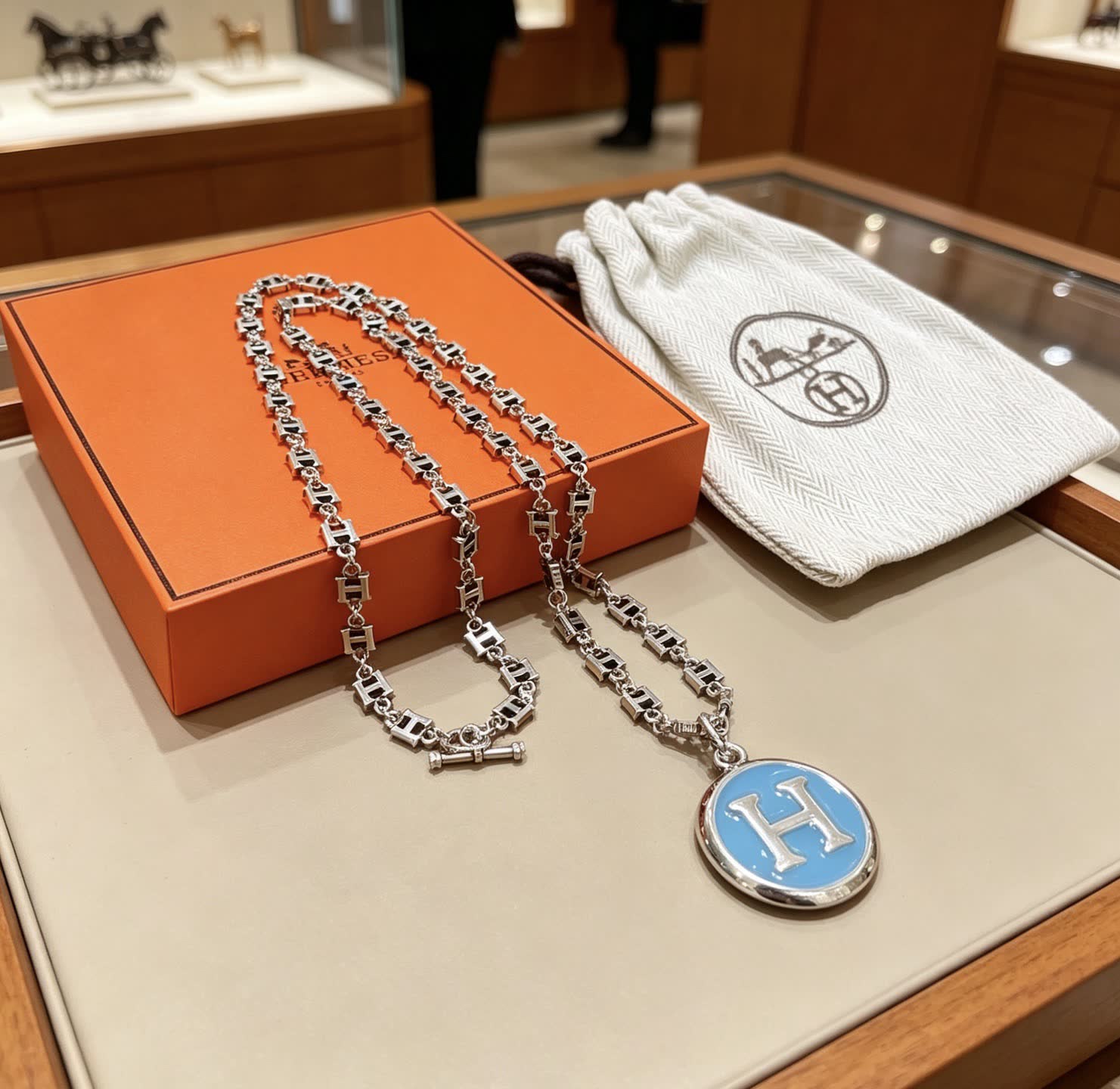Hermes Hermès Silver 'H' Enamel Necklace