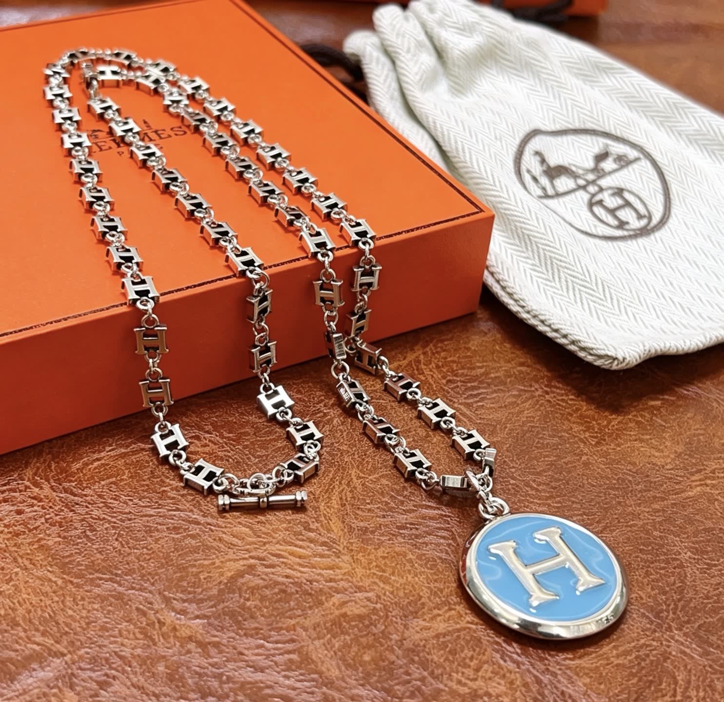 Hermes Hermès Silver 'H' Enamel Necklace