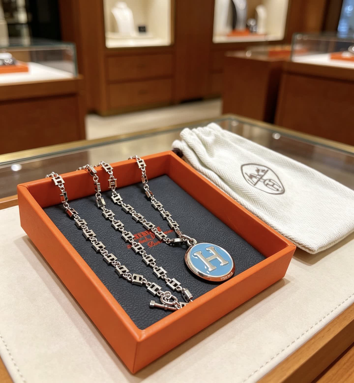 Hermes Hermès Silver 'H' Enamel Necklace
