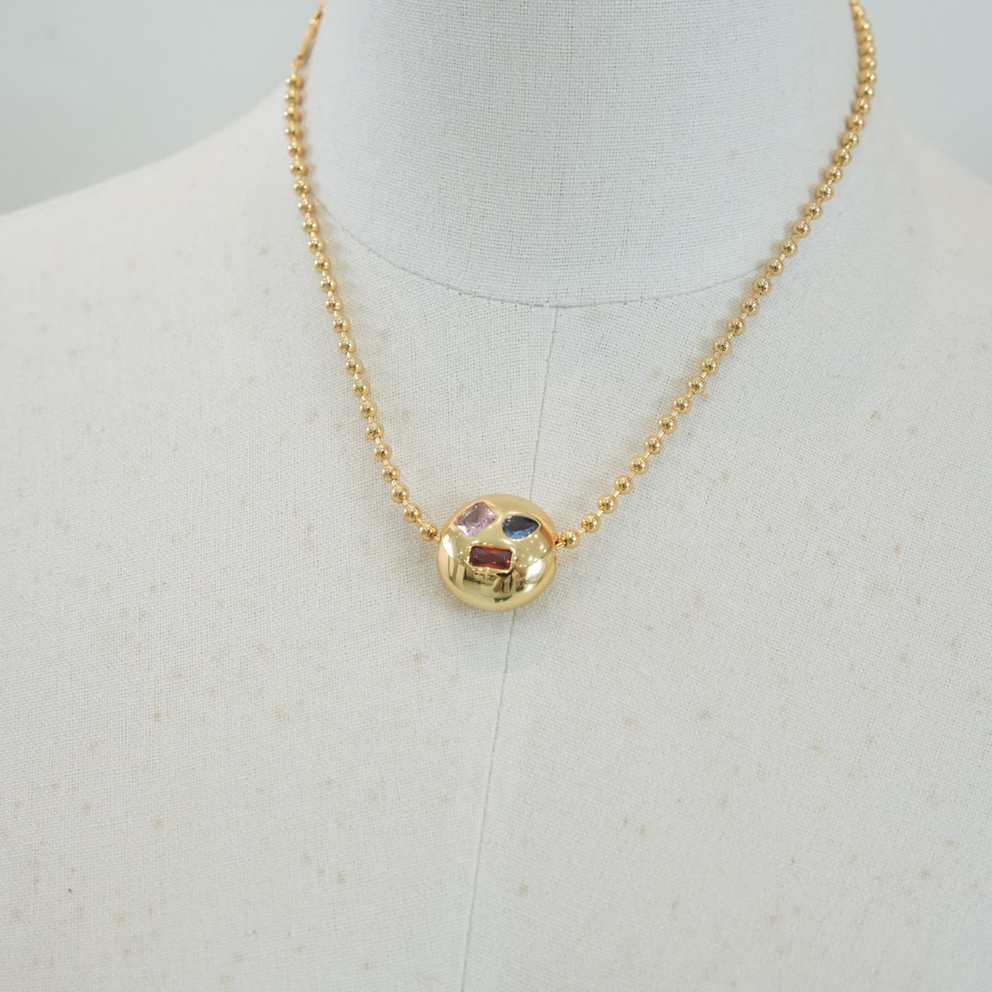 Loewe Gold Beaded Necklace with Multi-Color Gemstone Pendant
