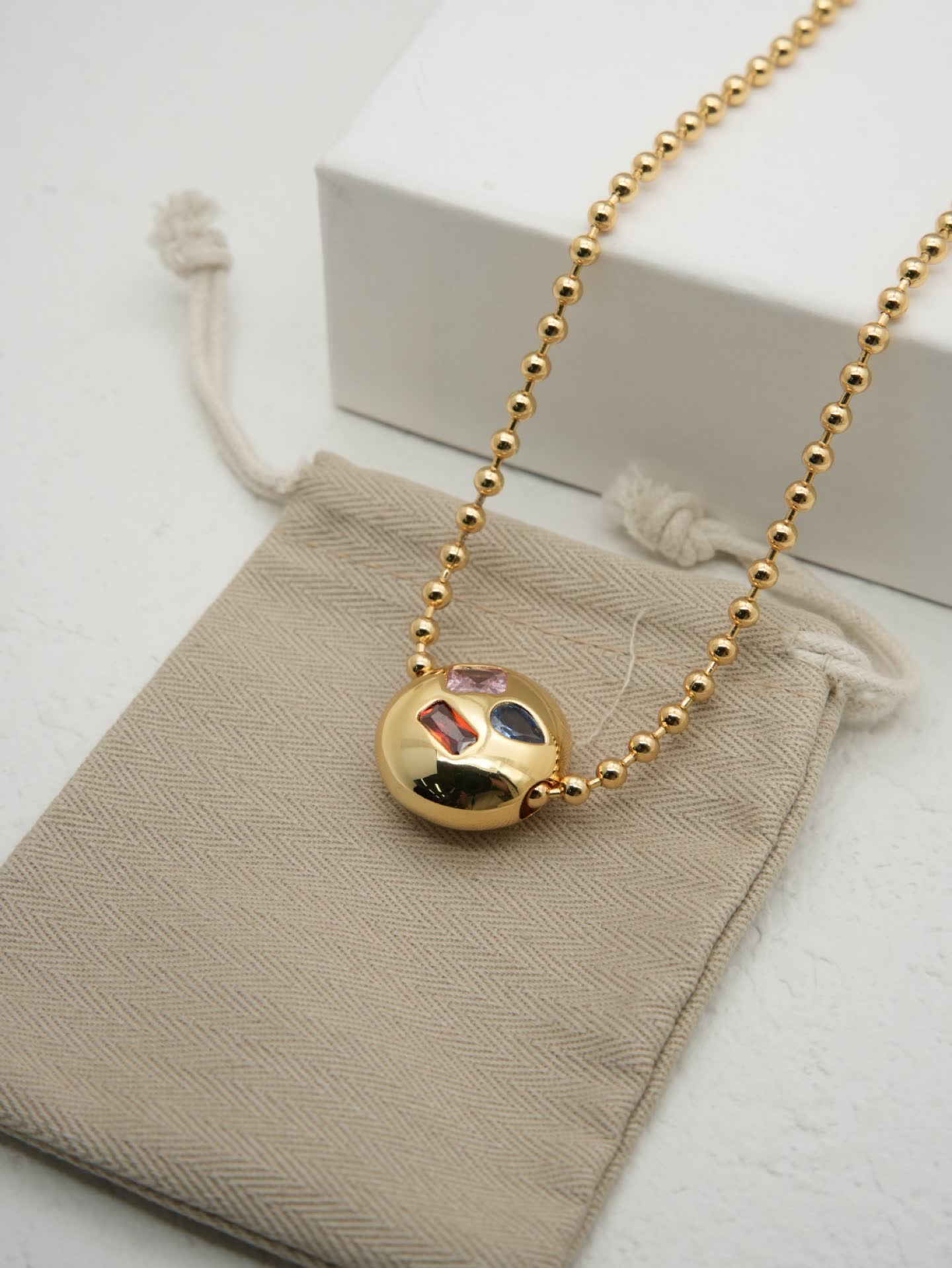 Loewe Gold Beaded Necklace with Multi-Color Gemstone Pendant