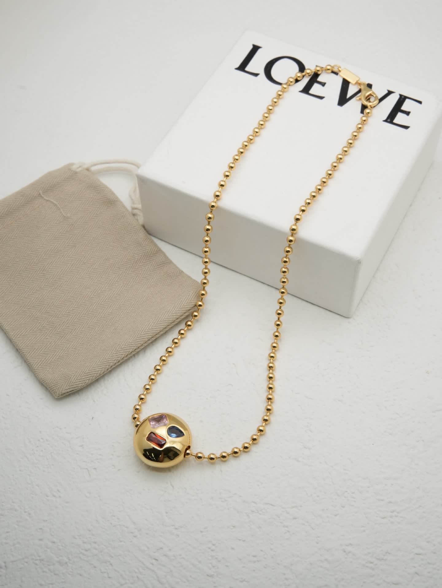 Loewe Gold Beaded Necklace with Multi-Color Gemstone Pendant