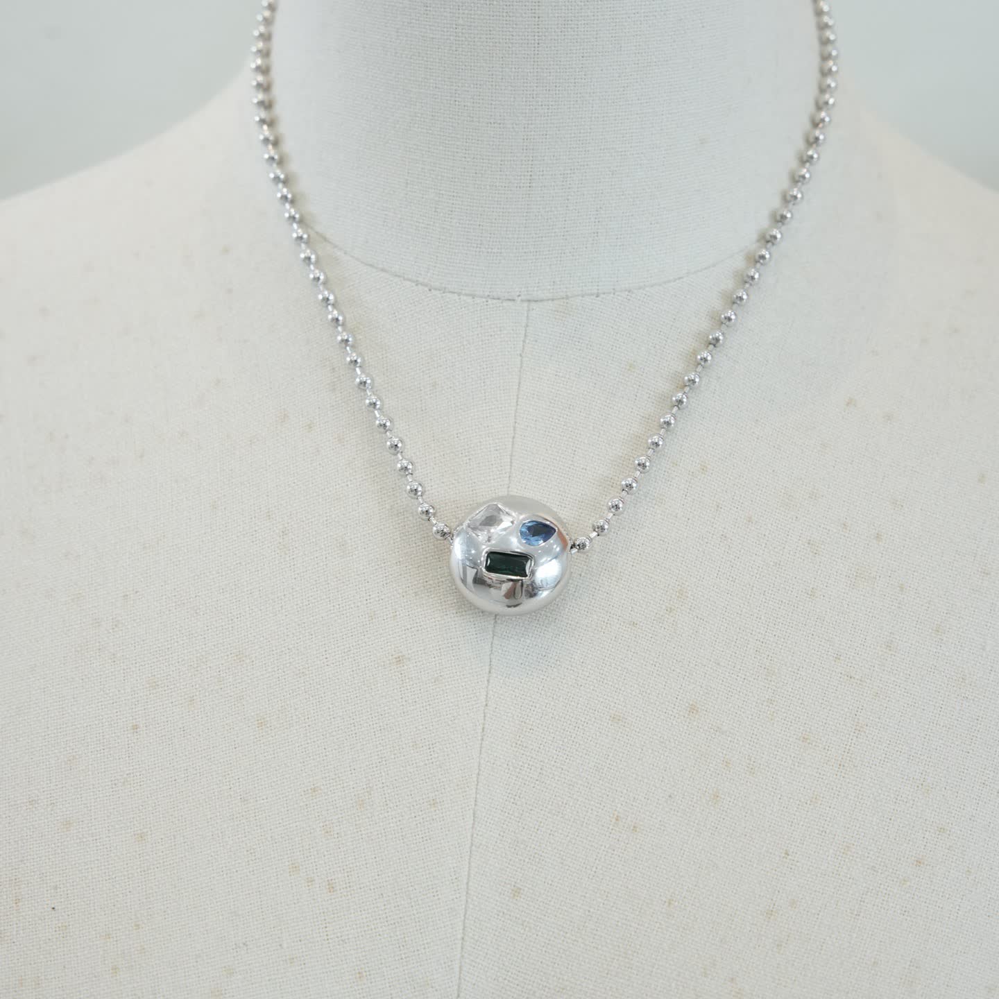 Loewe Silver Beaded Necklace with Gemstone Pendant