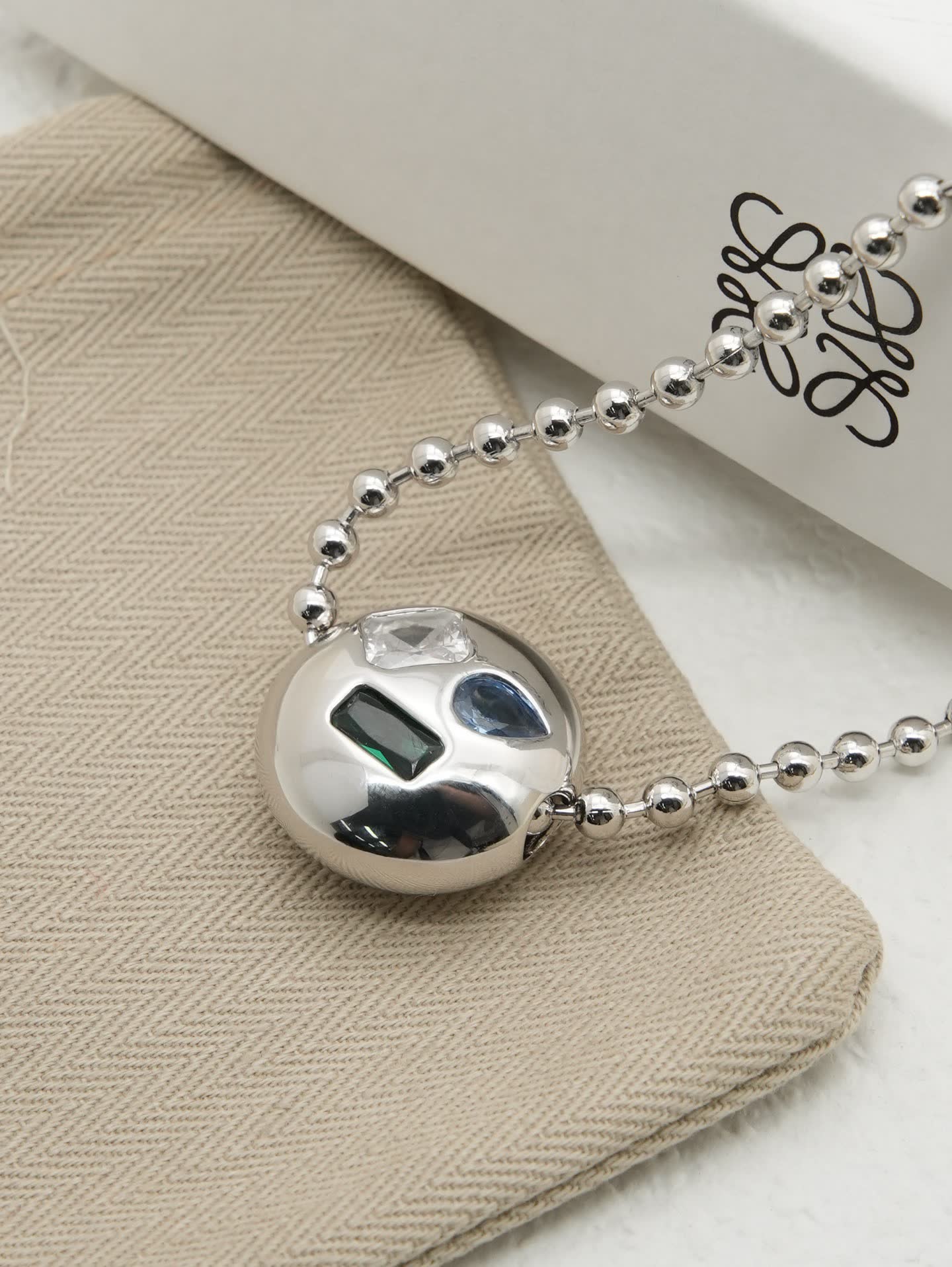 Loewe Silver Beaded Necklace with Gemstone Pendant