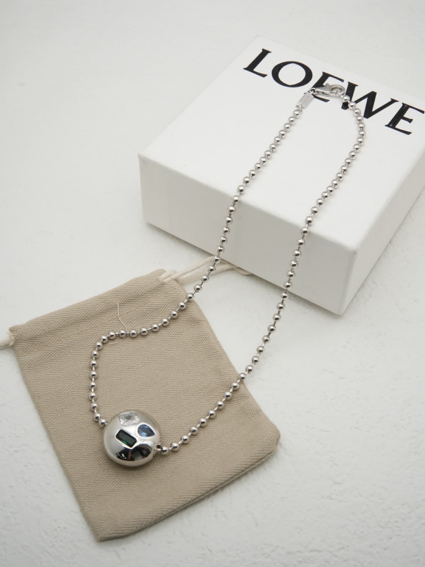 Loewe Silver Beaded Necklace with Gemstone Pendant