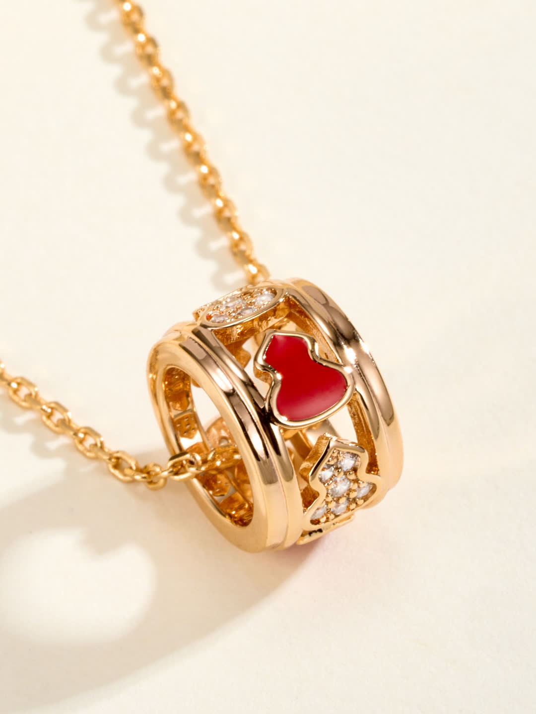 Qeelin Gold Heart Charm Necklace with Red Gemstone