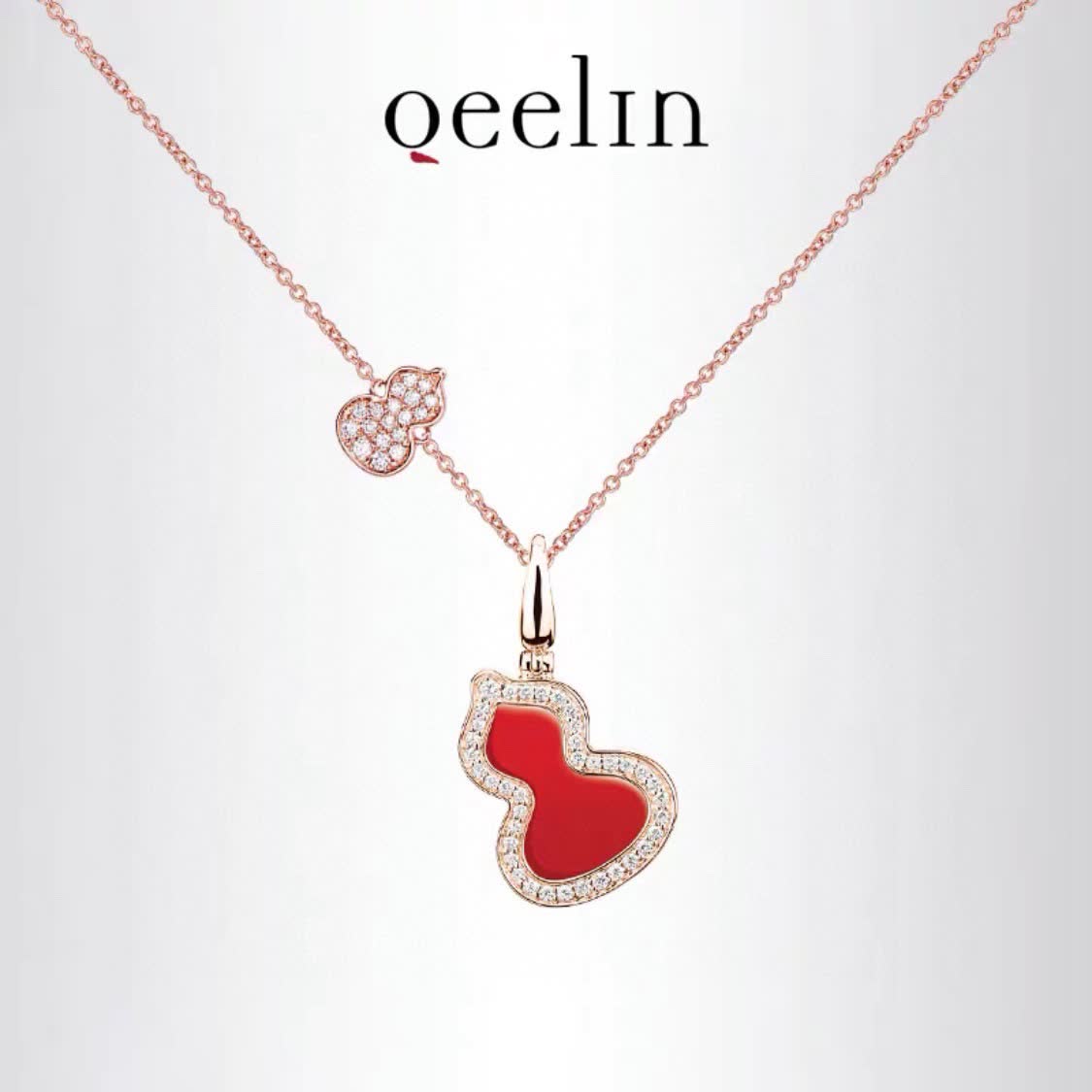 Qeelin Happy Diamond and Red Enamel Necklace