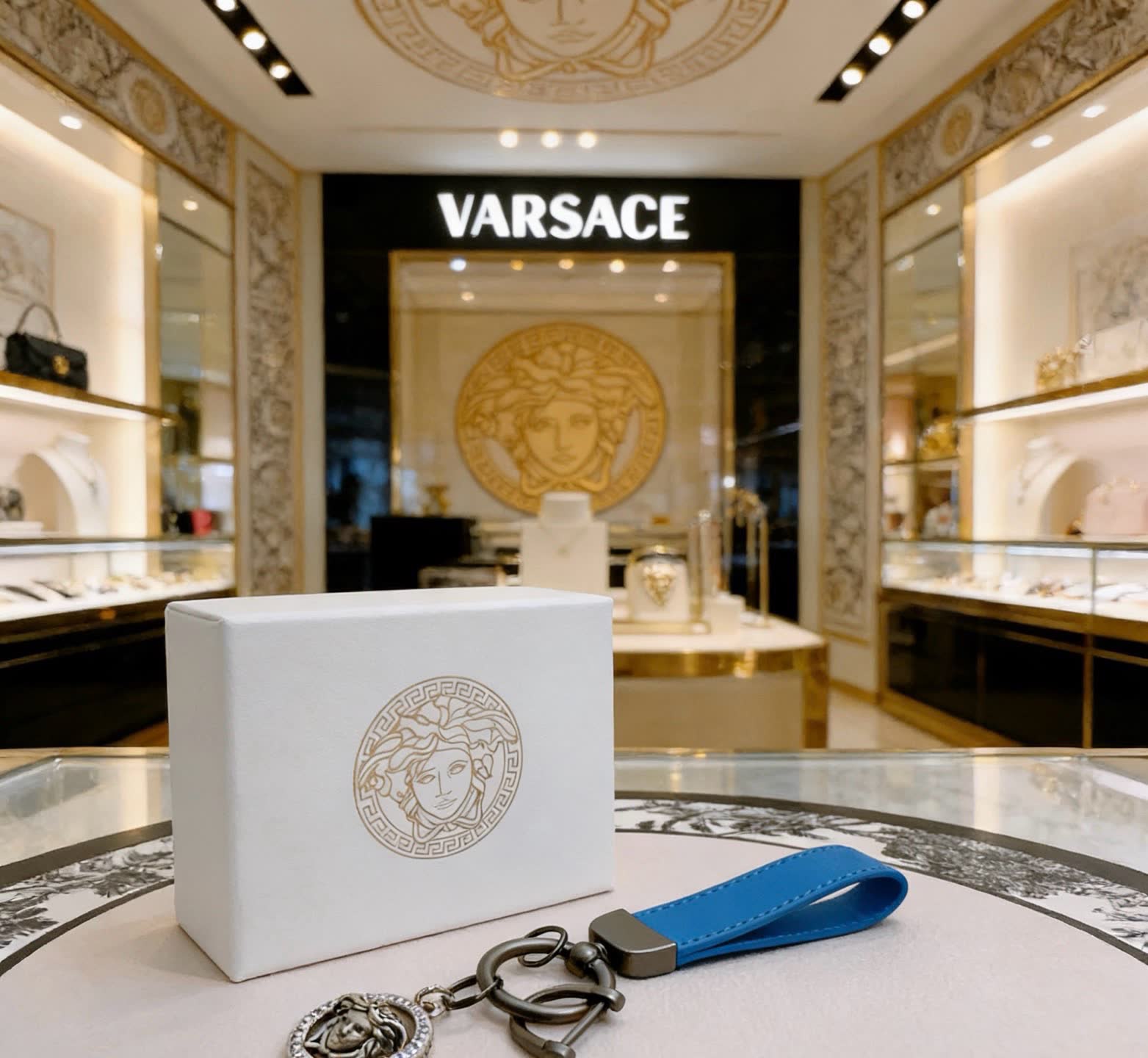Versace Porsche Keychain with Blue Strap and Lion Pendant