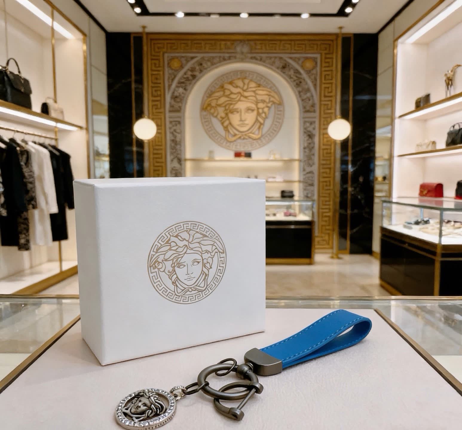 Versace Porsche Keychain with Blue Strap and Lion Pendant