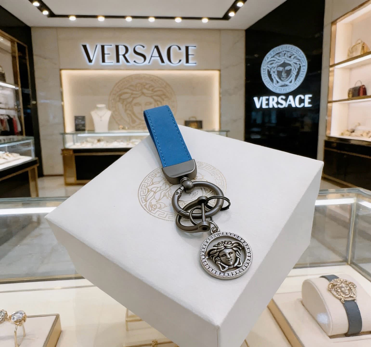 Versace Porsche Keychain with Blue Strap and Lion Pendant