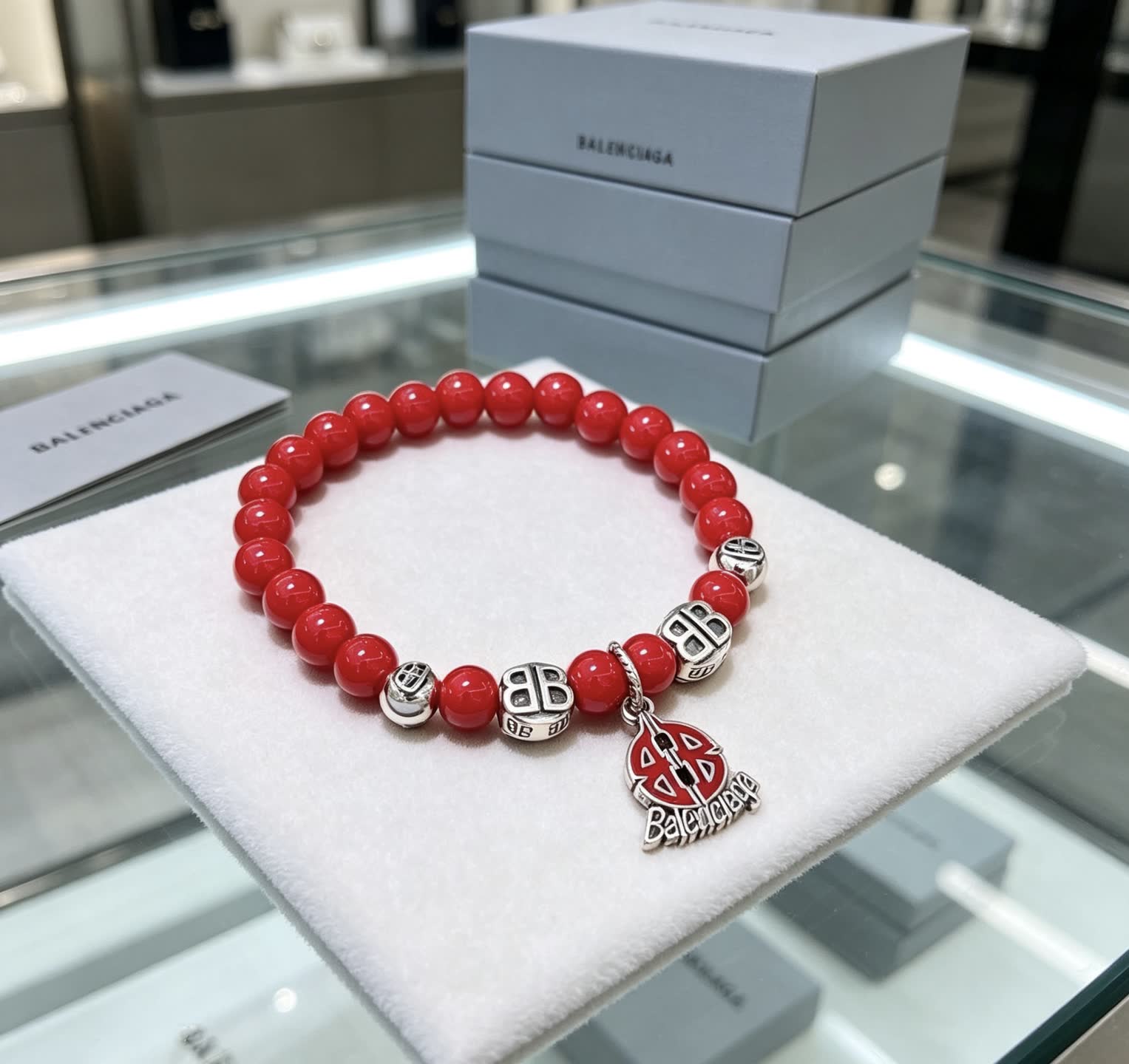 Balenciaga Red Beaded Bracelet with Logo Charm