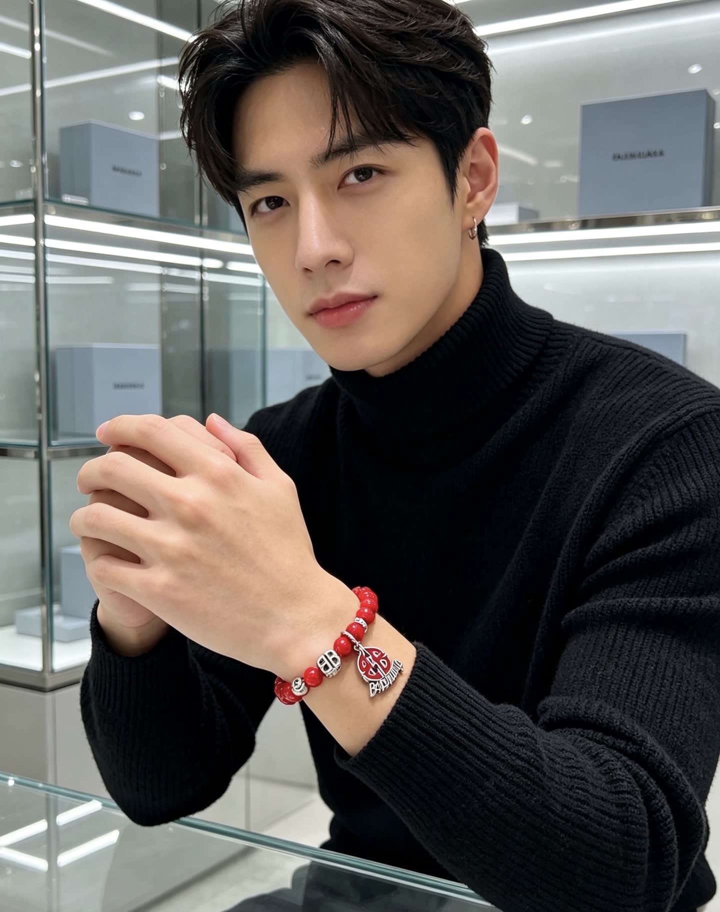 Balenciaga Red Beaded Bracelet with Logo Charm