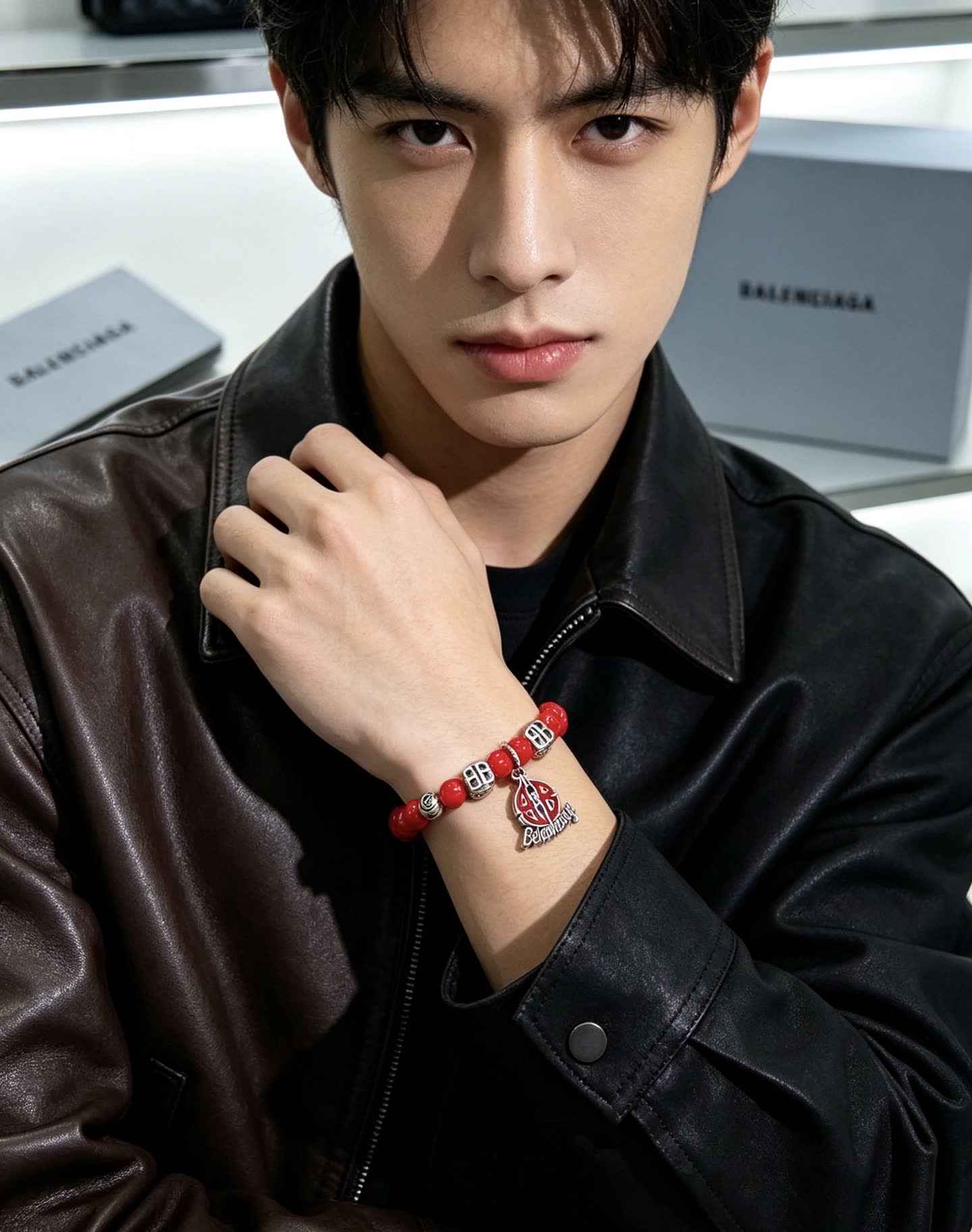 Balenciaga Red Beaded Bracelet with Logo Charm