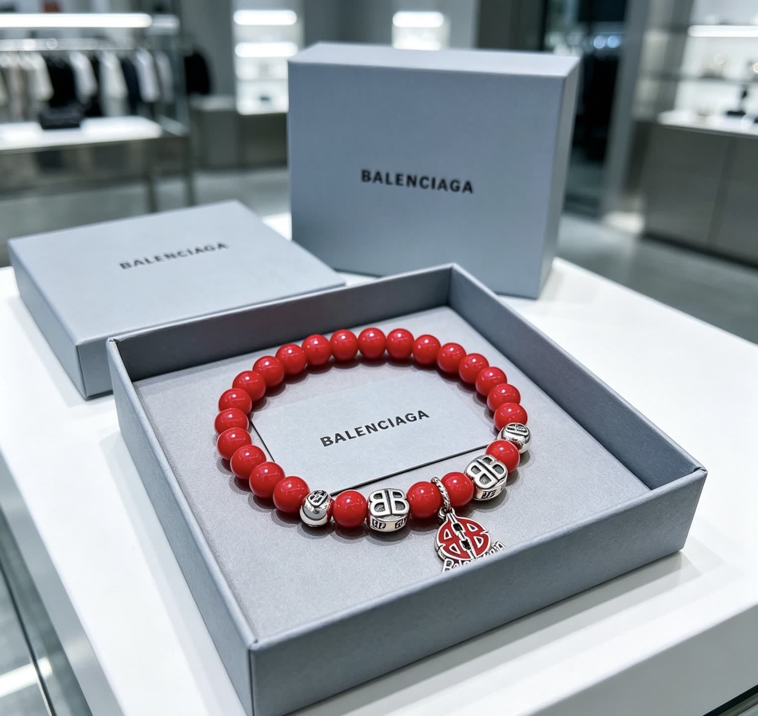 Balenciaga Red Beaded Bracelet with Logo Charm