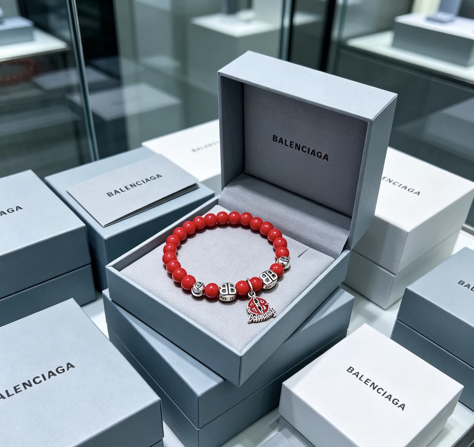 Balenciaga Red Beaded Bracelet with Logo Charm