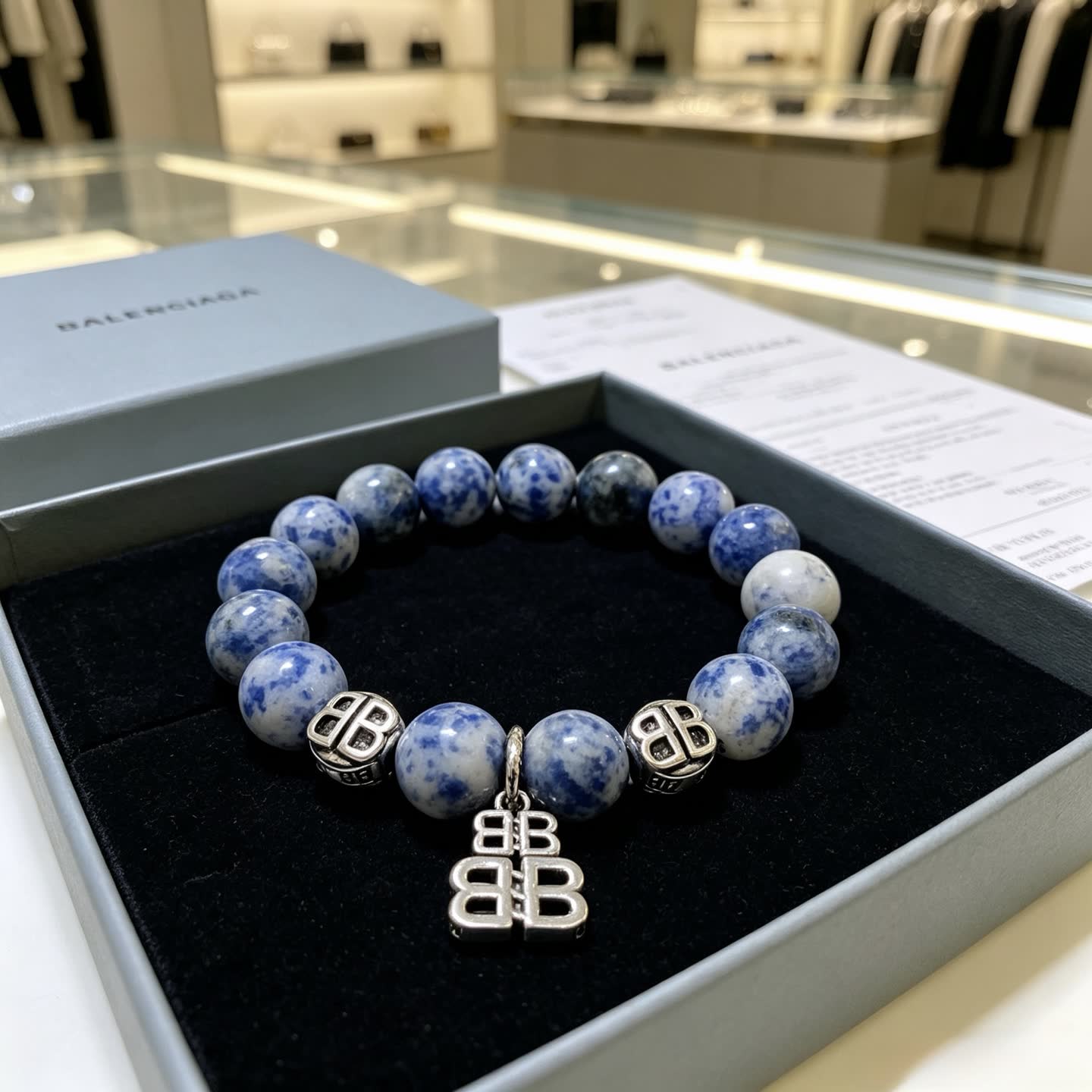Balenciaga Blue Beaded Bracelet with Logo Charms