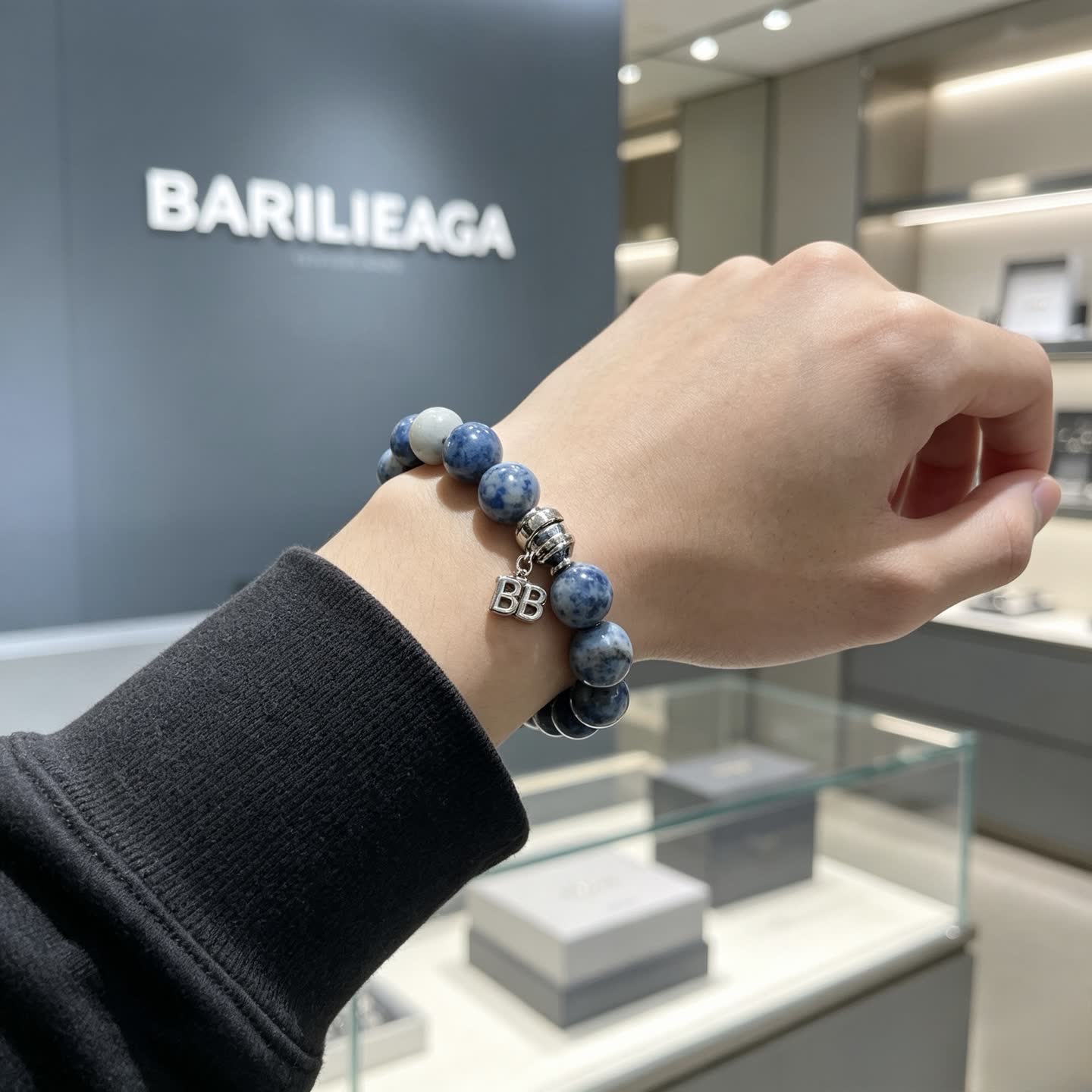 Balenciaga Blue Beaded Bracelet with Logo Charms