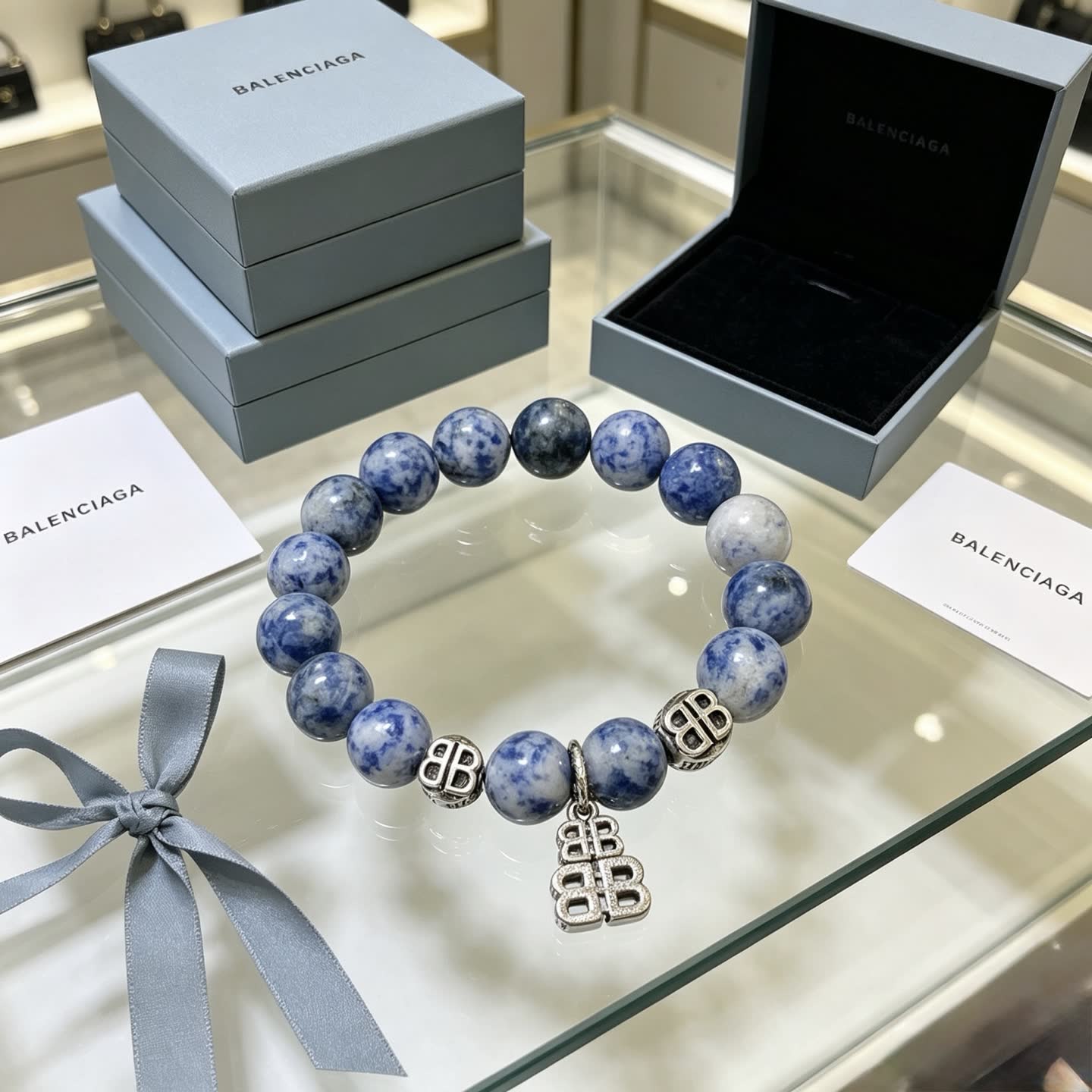 Balenciaga Blue Beaded Bracelet with Logo Charms