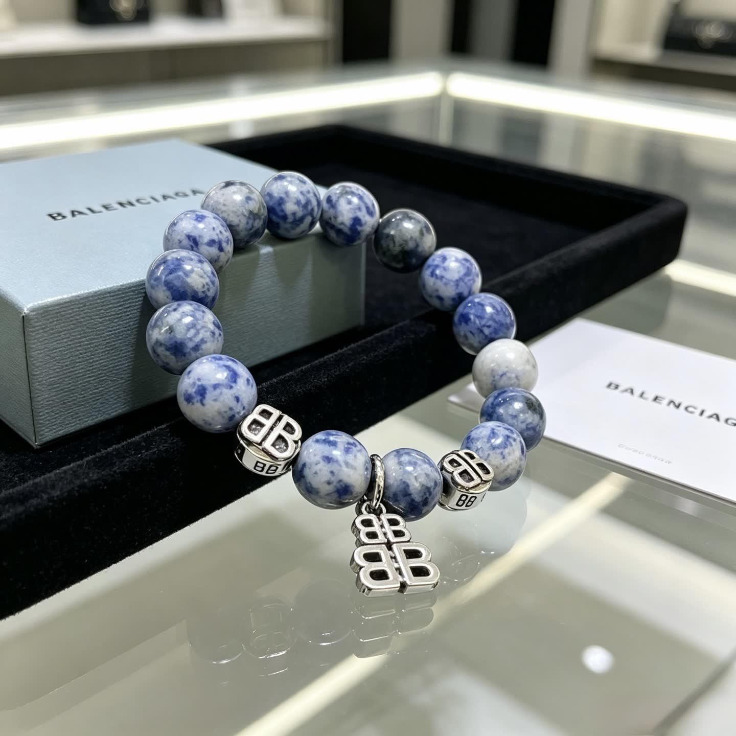 Balenciaga Blue Beaded Bracelet with Logo Charms