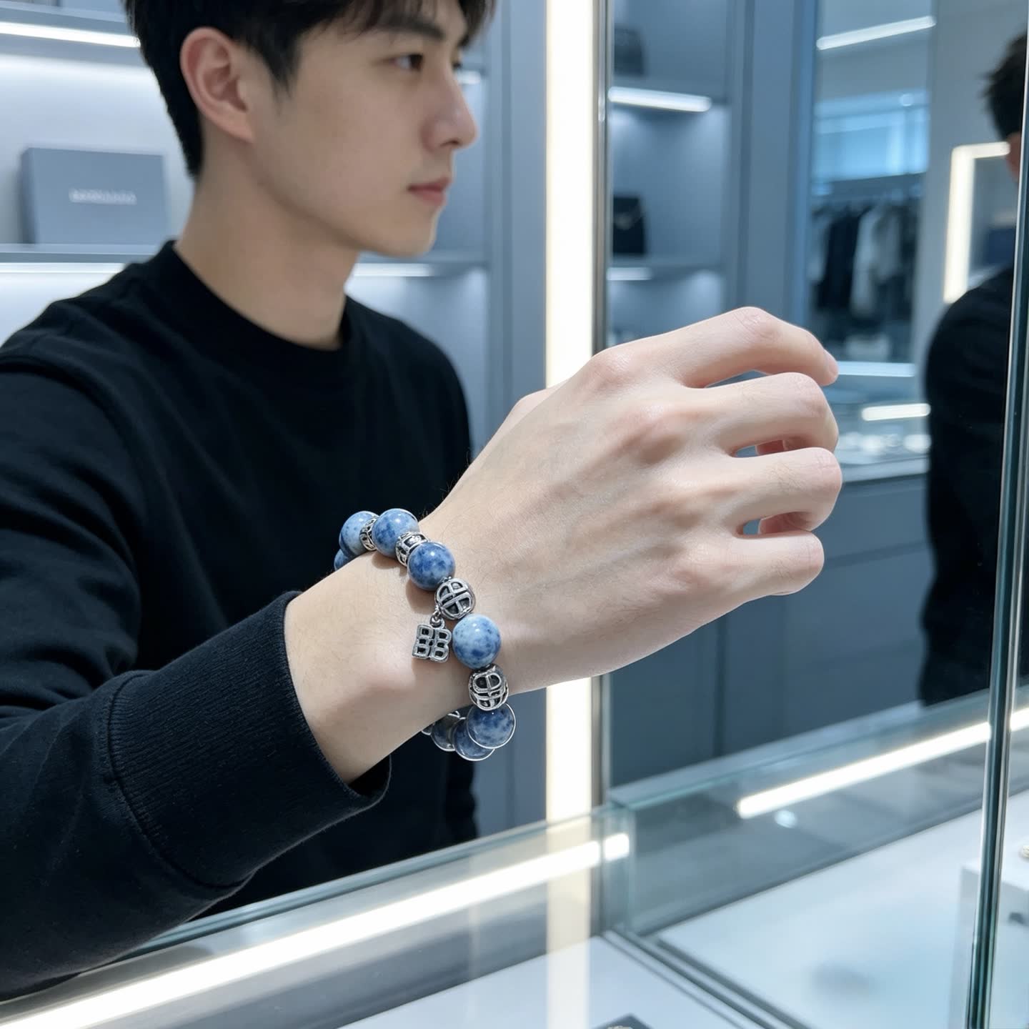 Balenciaga Blue Beaded Bracelet with Logo Charms