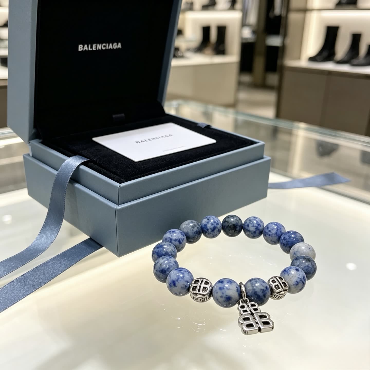 Balenciaga Blue Beaded Bracelet with Logo Charms