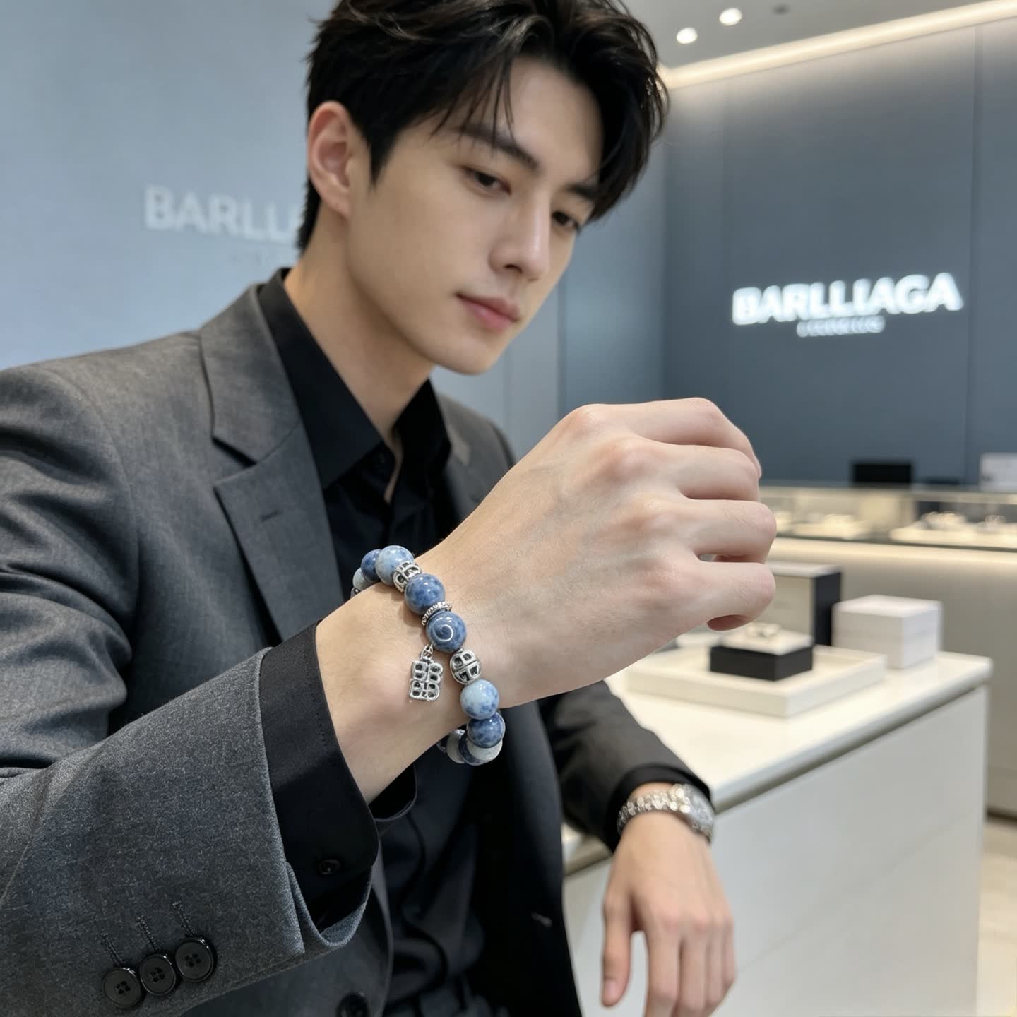 Balenciaga Blue Beaded Bracelet with Logo Charms