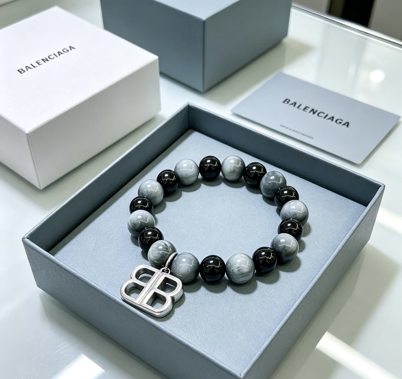 Balenciaga Beaded Bracelet with Logo Charm