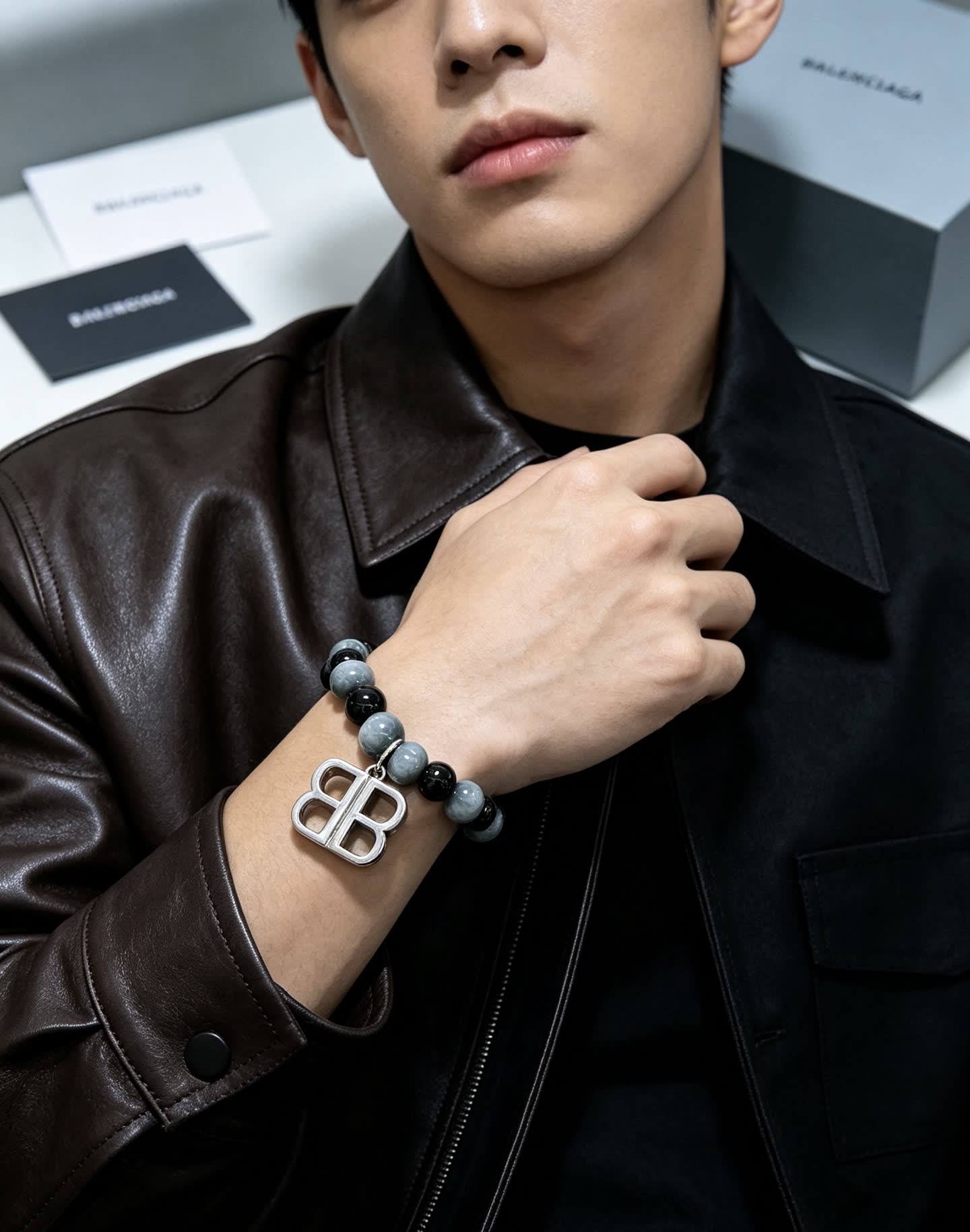 Balenciaga Beaded Bracelet with Logo Charm