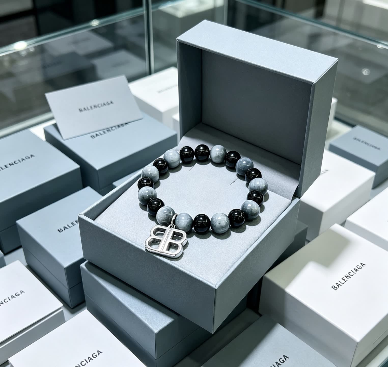 Balenciaga Beaded Bracelet with Logo Charm