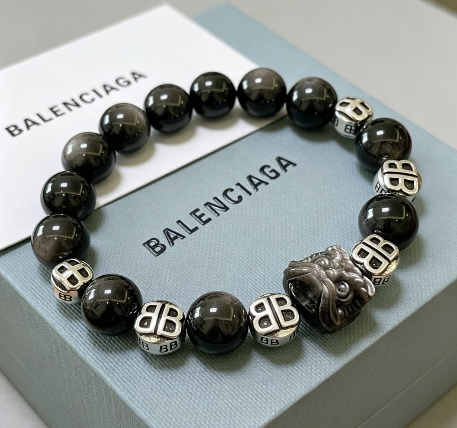 Balenciaga Black Beaded Bracelet with Lion Clasp Balenciaga Black Beaded Bracelet with Lion Clasp