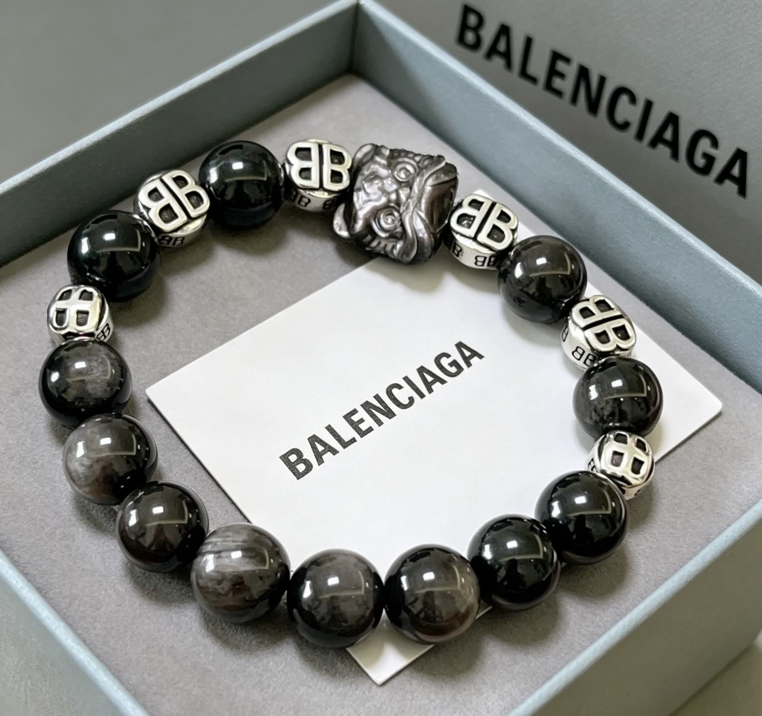 Balenciaga Black Beaded Bracelet with Lion Clasp