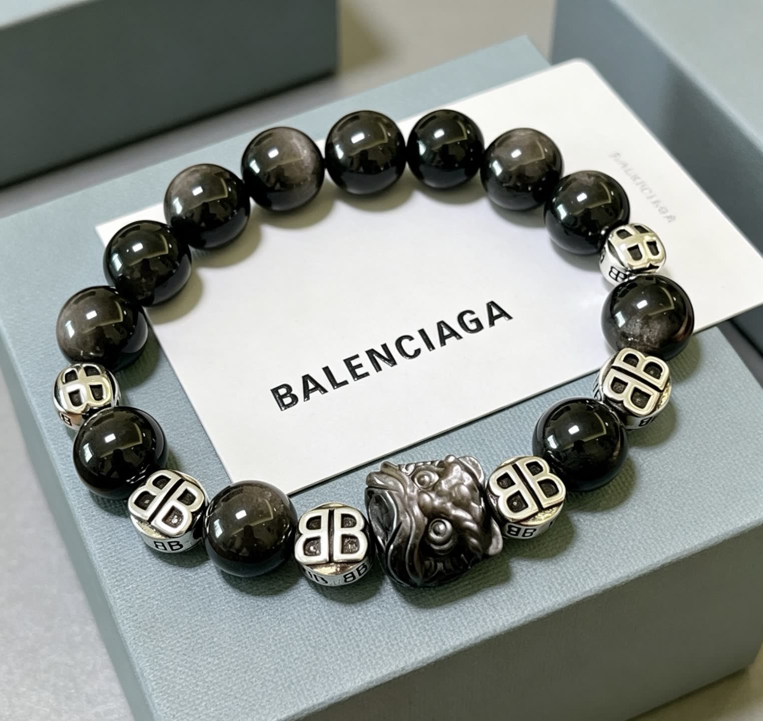 Balenciaga Black Beaded Bracelet with Lion Clasp