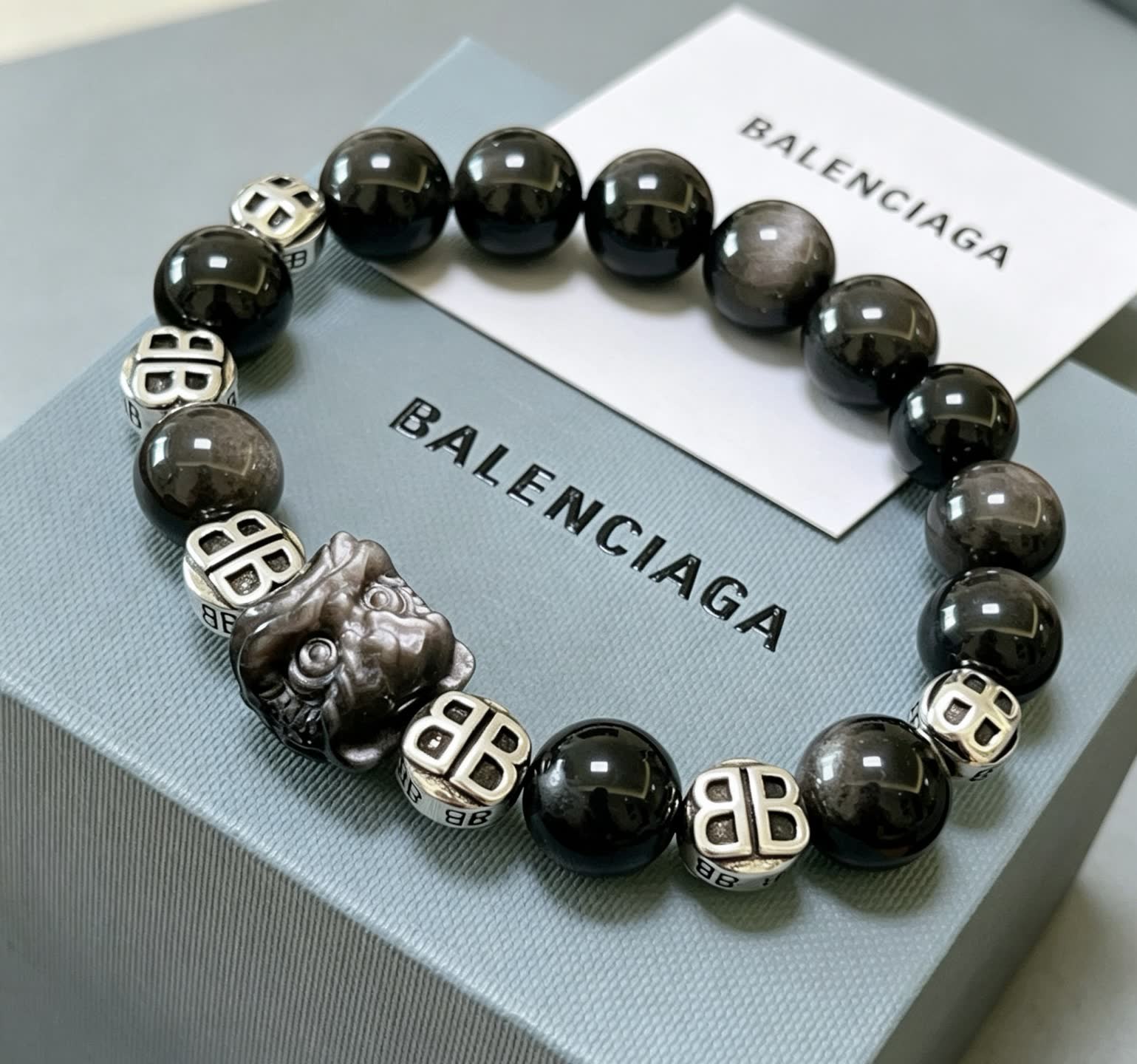 Balenciaga Black Beaded Bracelet with Lion Clasp