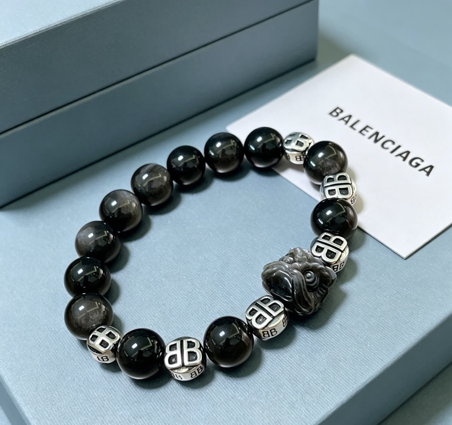 Balenciaga Black Beaded Bracelet with Lion Clasp