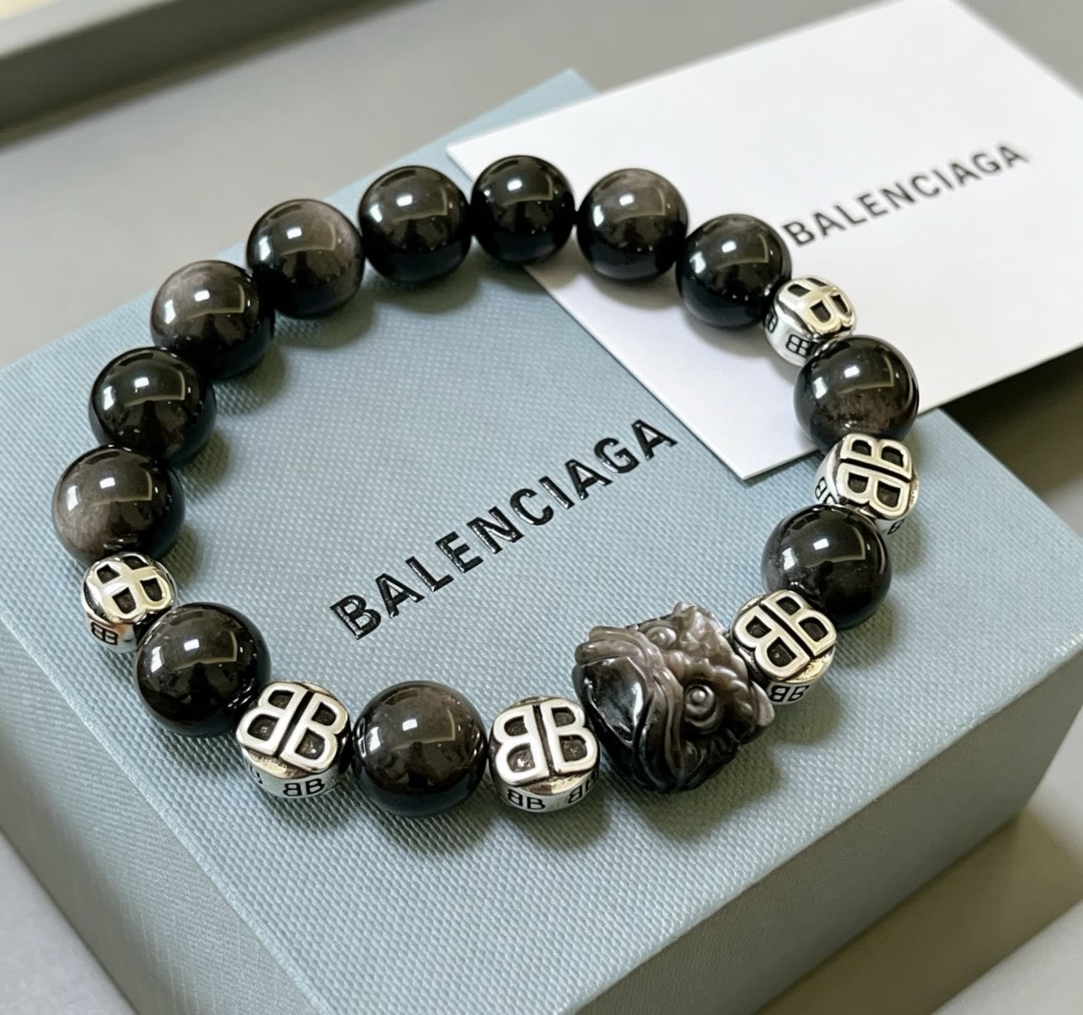 Balenciaga Black Beaded Bracelet with Lion Clasp