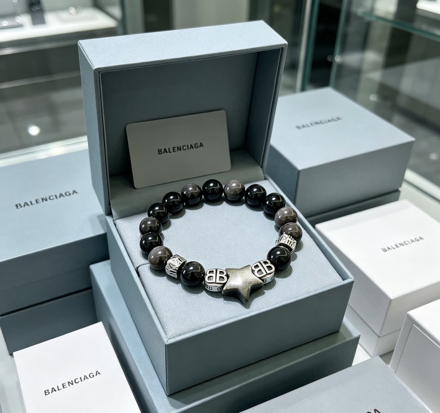 Balenciaga Black Beaded Bracelet with Star Charm