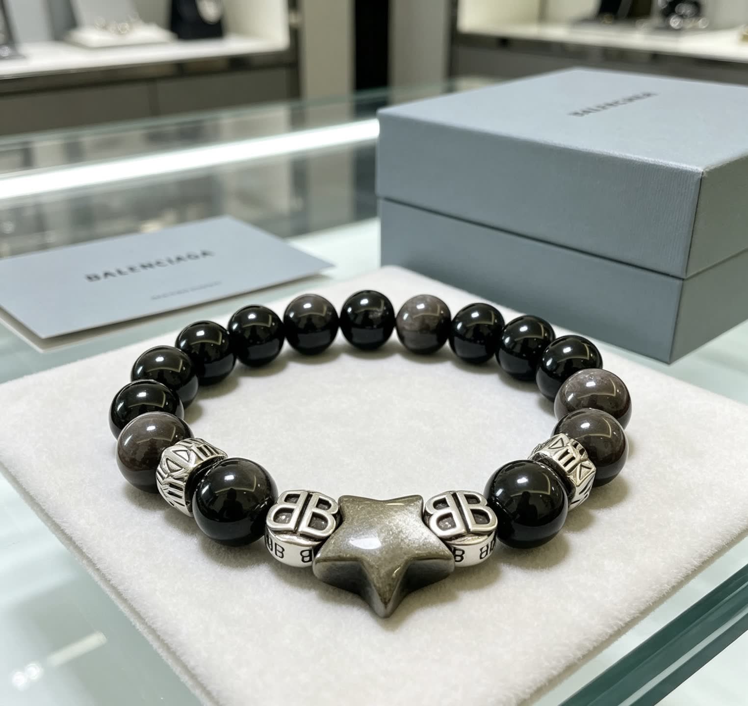 Balenciaga Black Beaded Bracelet with Star Charm