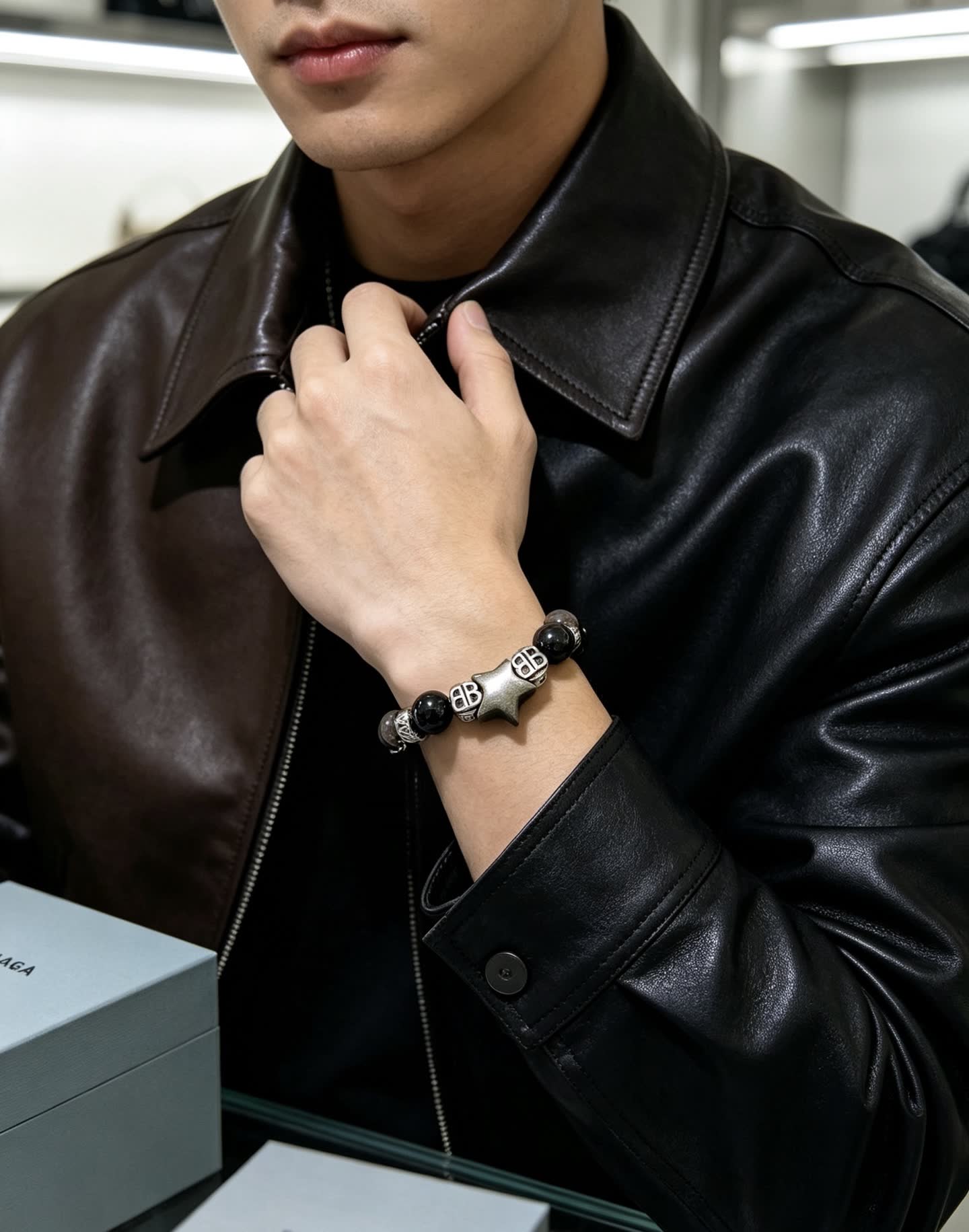 Balenciaga Black Beaded Bracelet with Star Charm