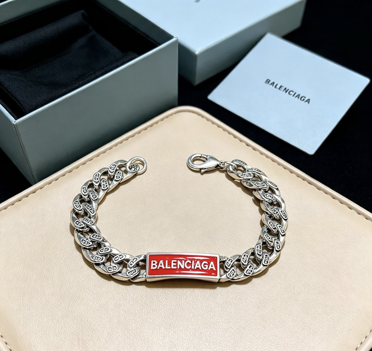 Balenciaga Silver Bracelet with Red Enamel Logo