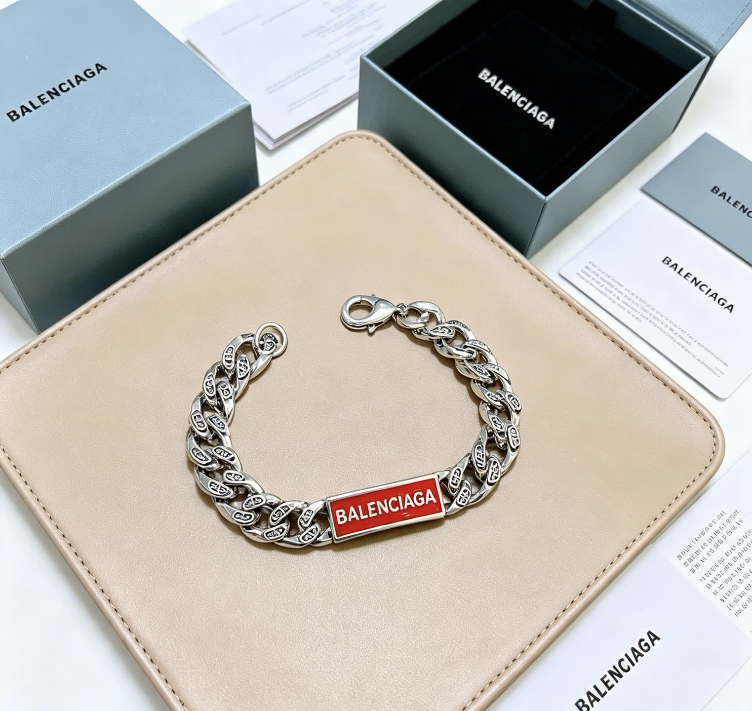 Balenciaga Silver Bracelet with Red Enamel Logo