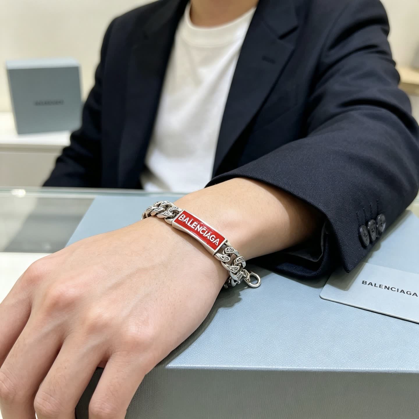 Balenciaga Silver Bracelet with Red Enamel Logo