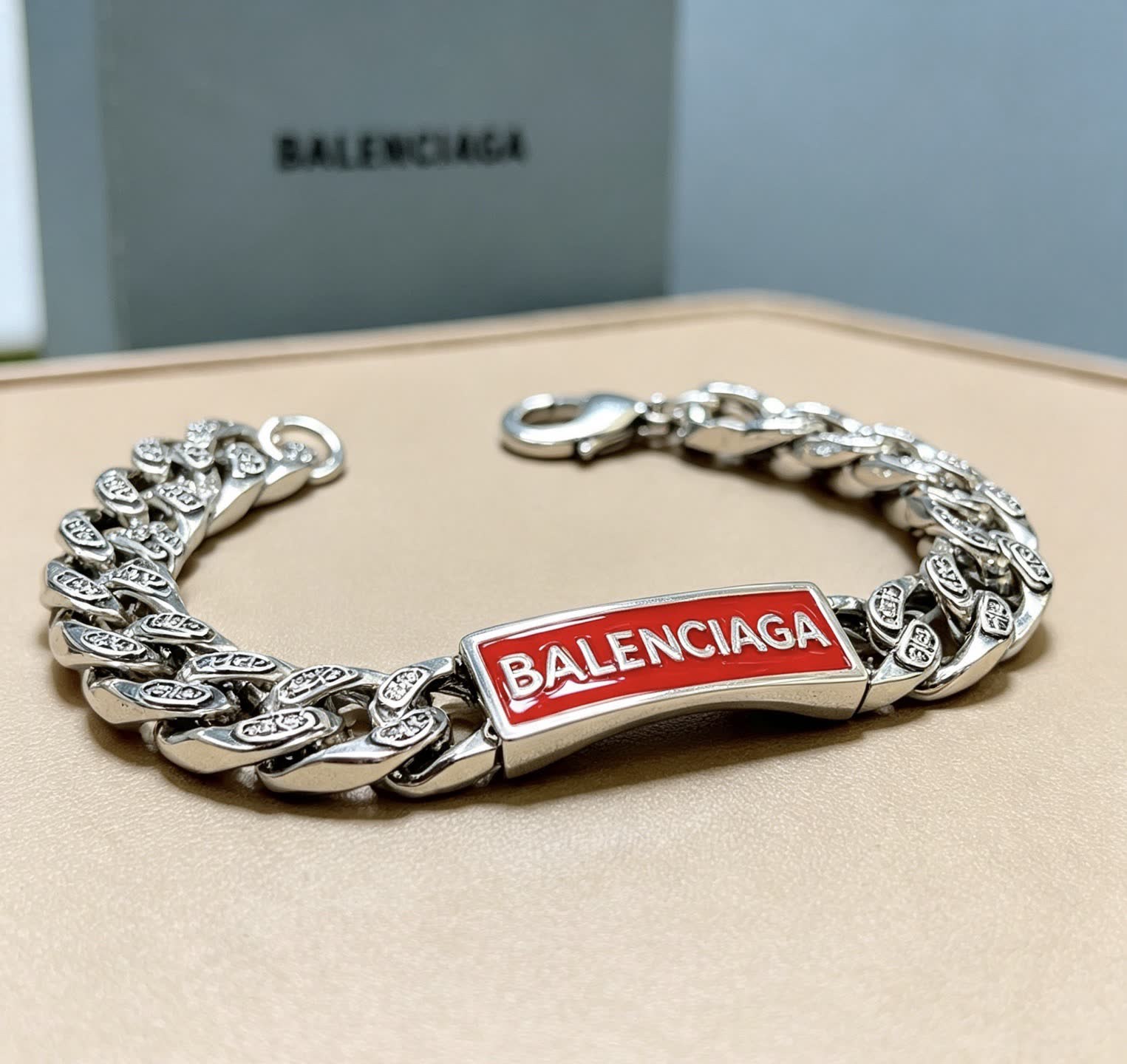 Balenciaga Silver Bracelet with Red Enamel Logo