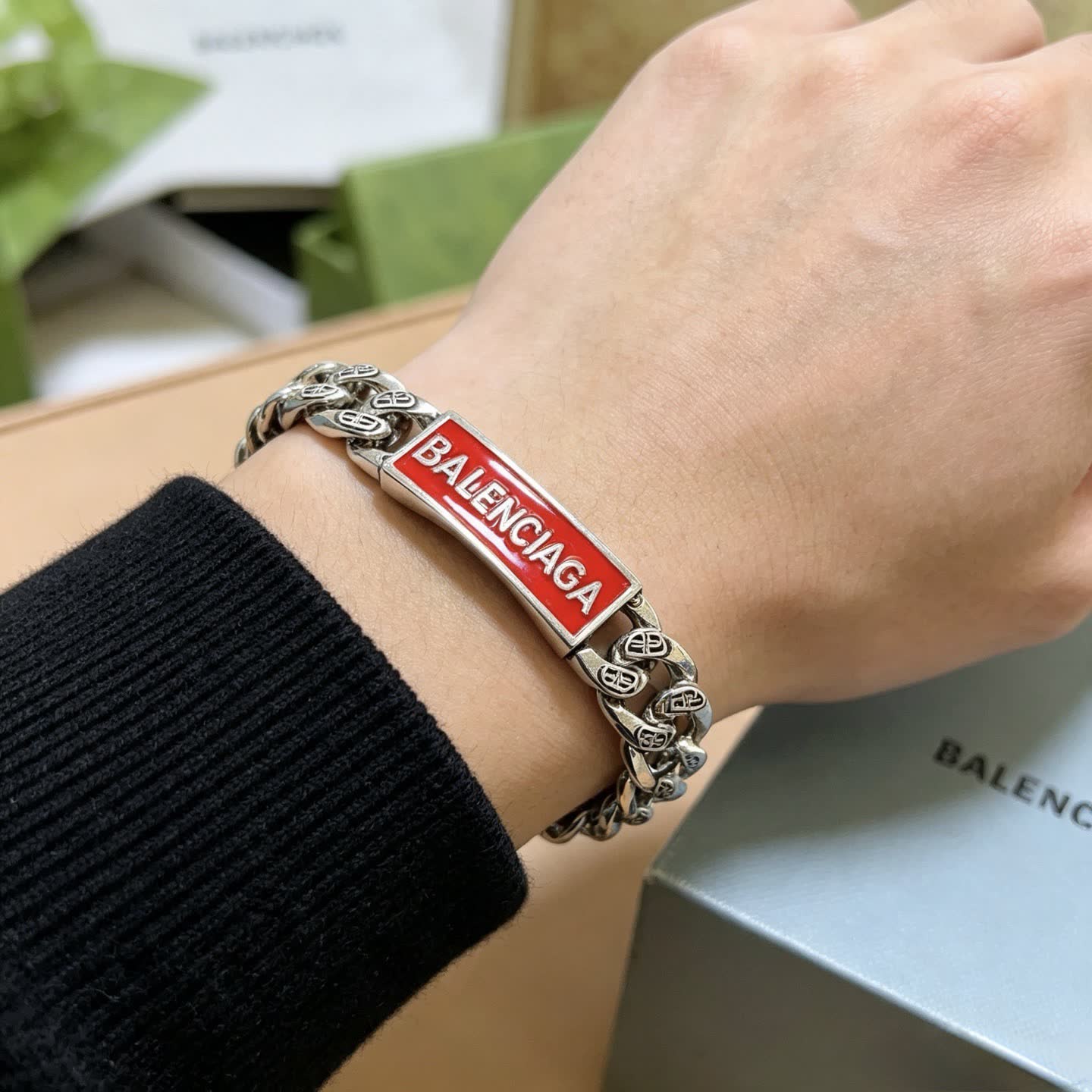 Balenciaga Silver Bracelet with Red Enamel Logo
