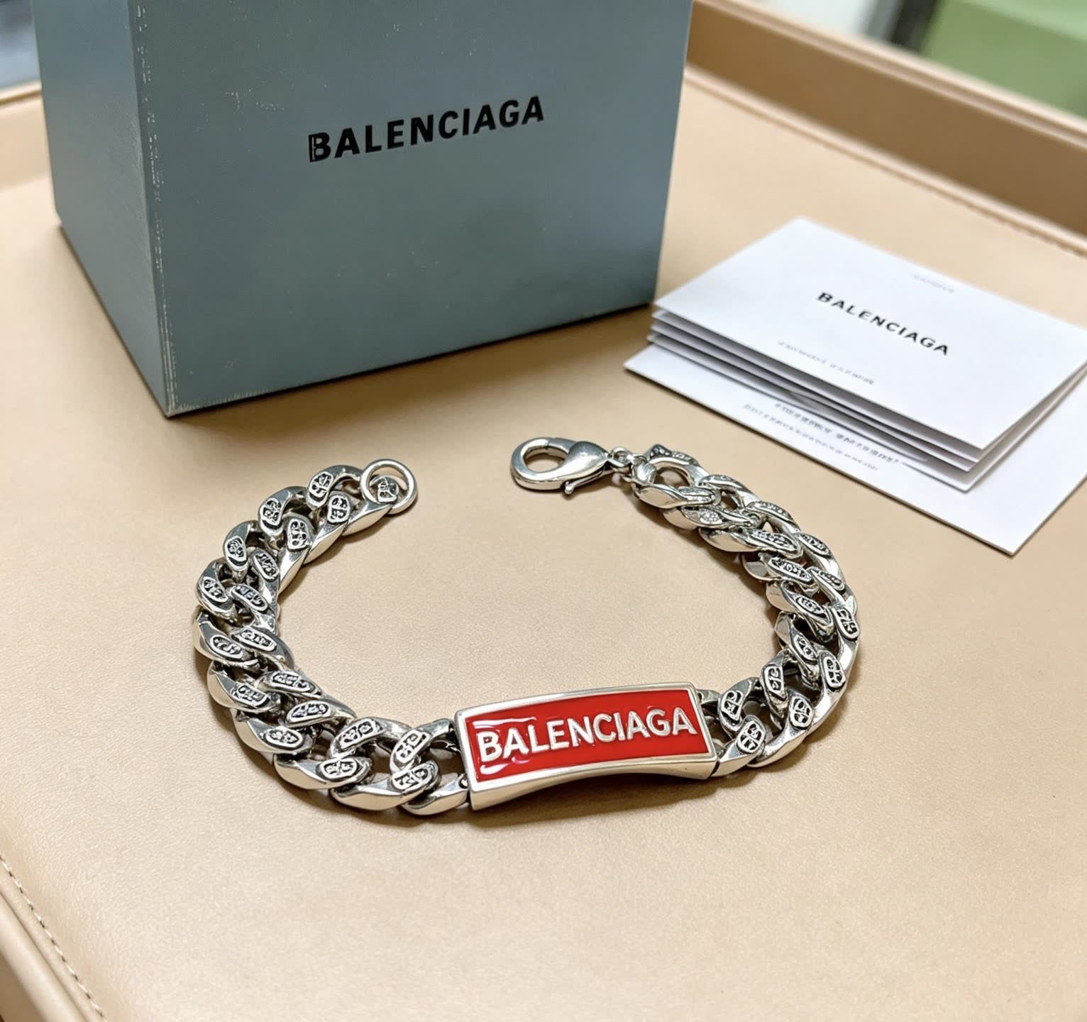 Balenciaga Silver Bracelet with Red Enamel Logo